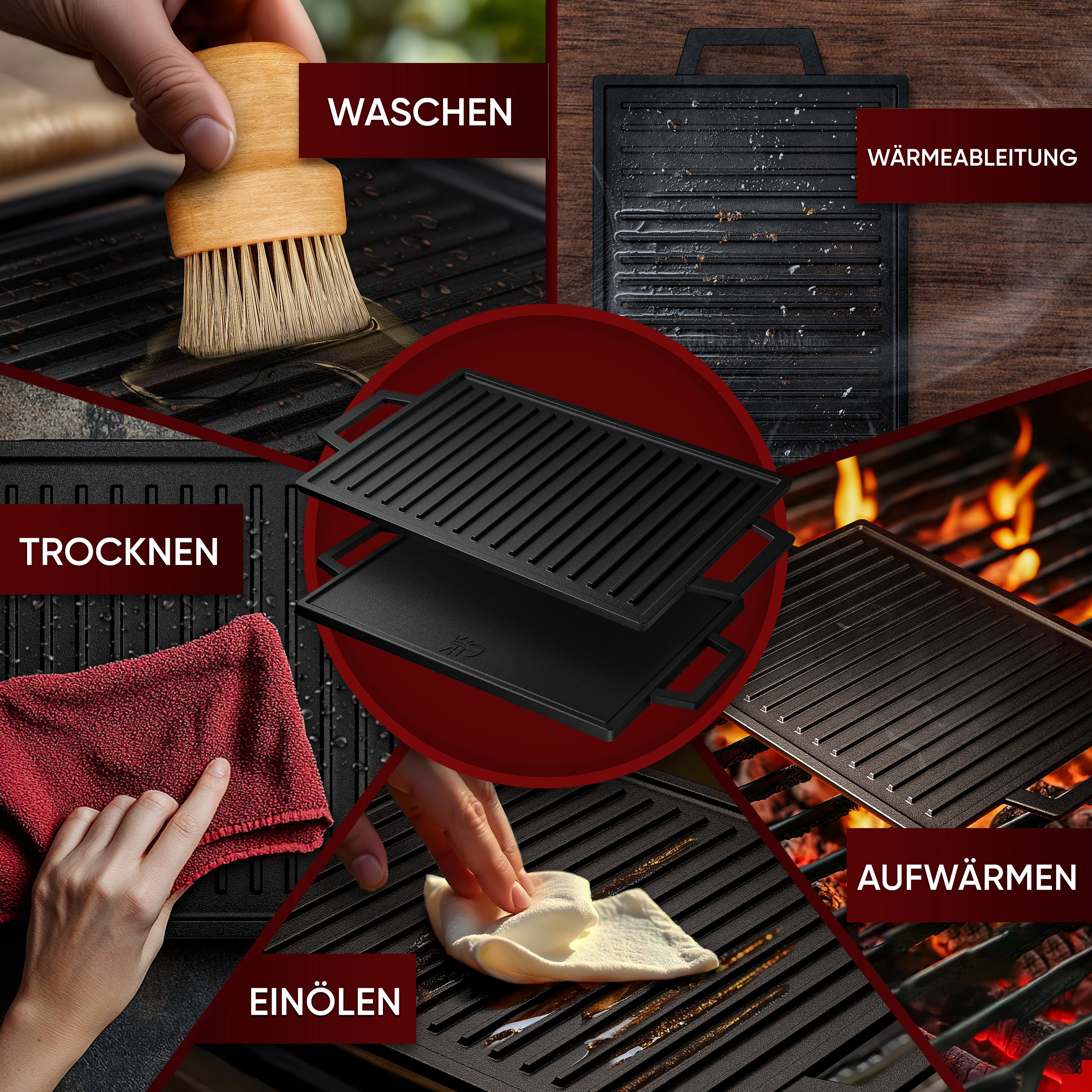 Eingebrannter Grillplatte mit Griffen, 33 cm – inkl. Pflegepaste + Rezeptbuch + Gebrauchsanweisung