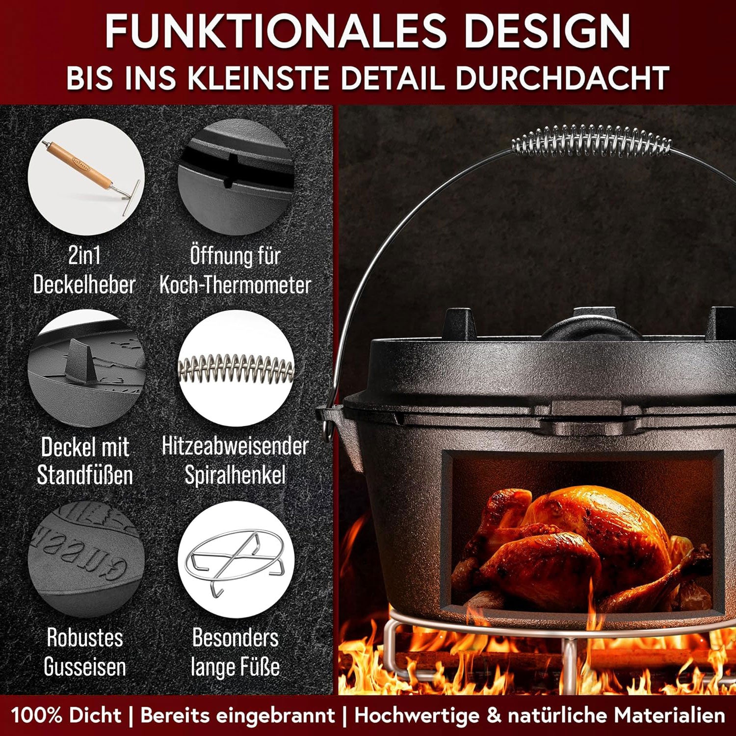 Eingebrannter Holz-Set 9-teilig – Dutch oven in Holzbox mit Bratpfanne + robustem Saucentopf + Untersetzer + 2in1 Deckelheber – inkl. Echtleder + Griffschutz +  Pflegepaste + Rezeptbuch + Gebrauchsanweisung