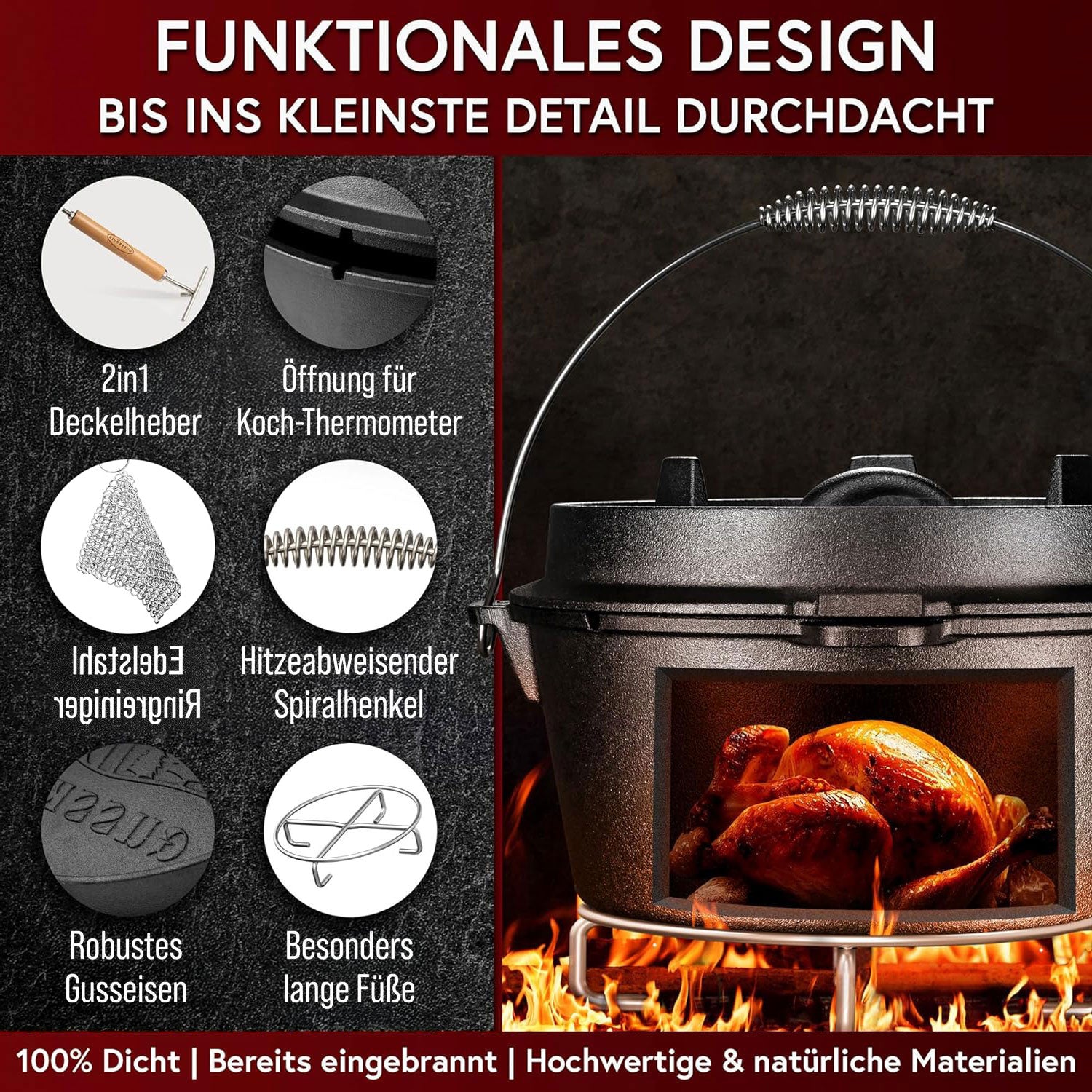 Eingebrannter Holz-Set 11-teilig – Dutch Oven in Holzbox mit Bratpfanne + robustem Saucentopf + Grillplatte + Untersetzer + 2in1 Deckelheber + Ringreiniger + Griffschutz – inkl. Pflegepaste + Rezeptbuch + Gebrauchsanweisung