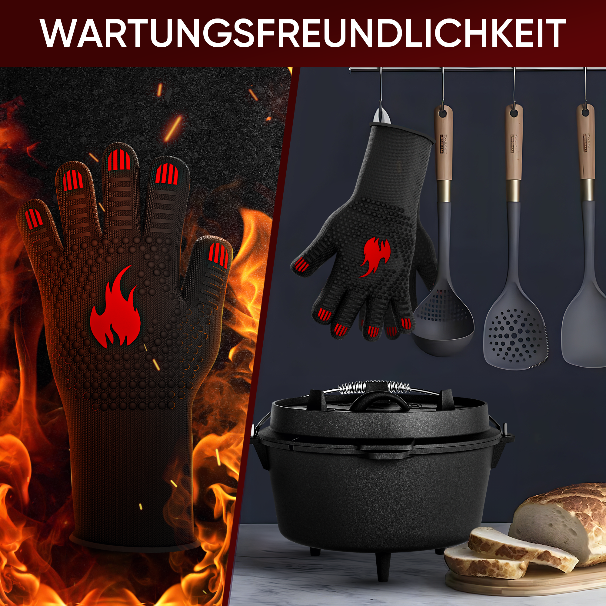 Grillhandschuhe hitzebeständig bis 800 Grad (L) - feuerfeste Handschuhe aus Aramid - Grillhandschuh Kochhandschuhe für Indoor&Outdoor Kochen