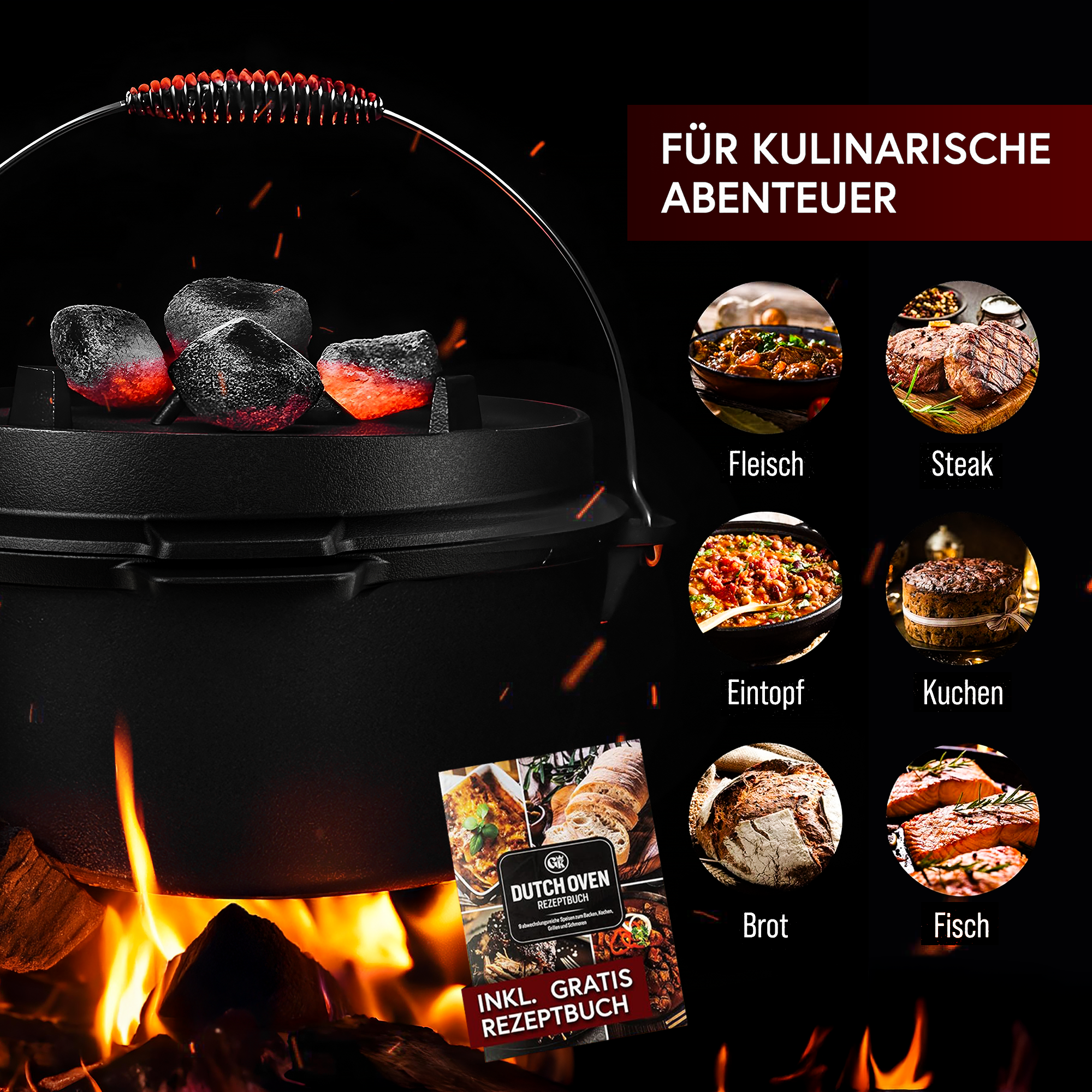 9 L mit Füße Klassisch Dutch Oven Set – inkl. Deckelheber + Pflegepaste + Rezeptbuch + Gebrauchsanweisung – Schmortopf Doppelfunktion [für 6–10 Personen]