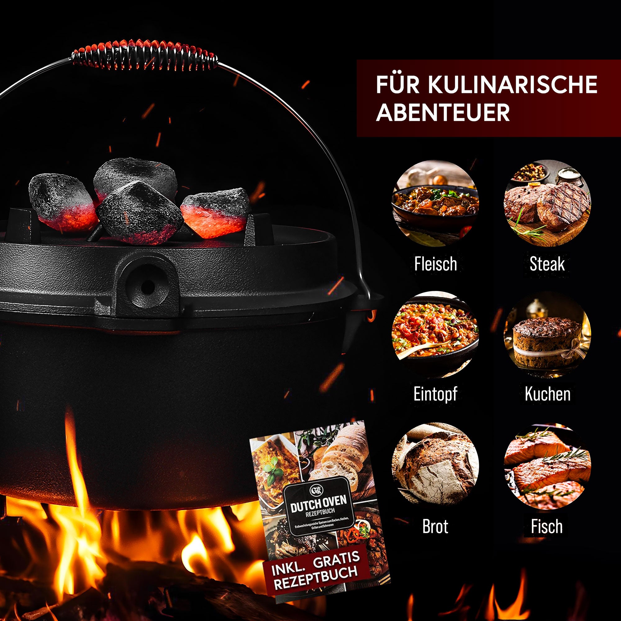 9 L ohne Füße Eingebrannter Dutch Oven Set – inkl. 2in1 Deckelheber + Untersetzer + Schrubber + Pflegepaste + Bürste + Rezeptbuch + Gebrauchsanweisung – Schmortopf Doppelfunktion [für 6-10 Personen]