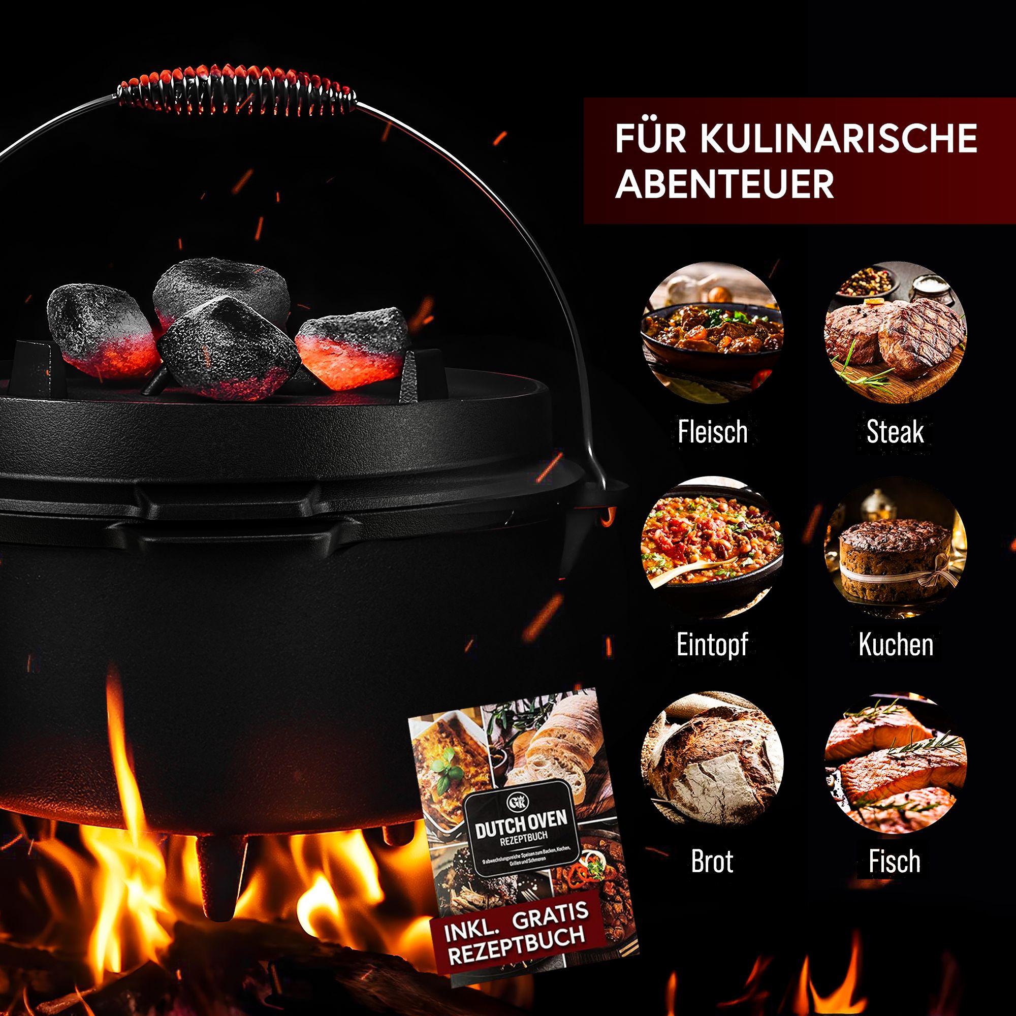 12 L mit Füße Klassisch Dutch Oven Set – inkl. Deckelheber + Ringreiniger + Bürste + Pflegepaste + Rezeptbuch + Gebrauchsanweisung – Schmortopf Doppelfunktion [für 10 - 16 Personen]