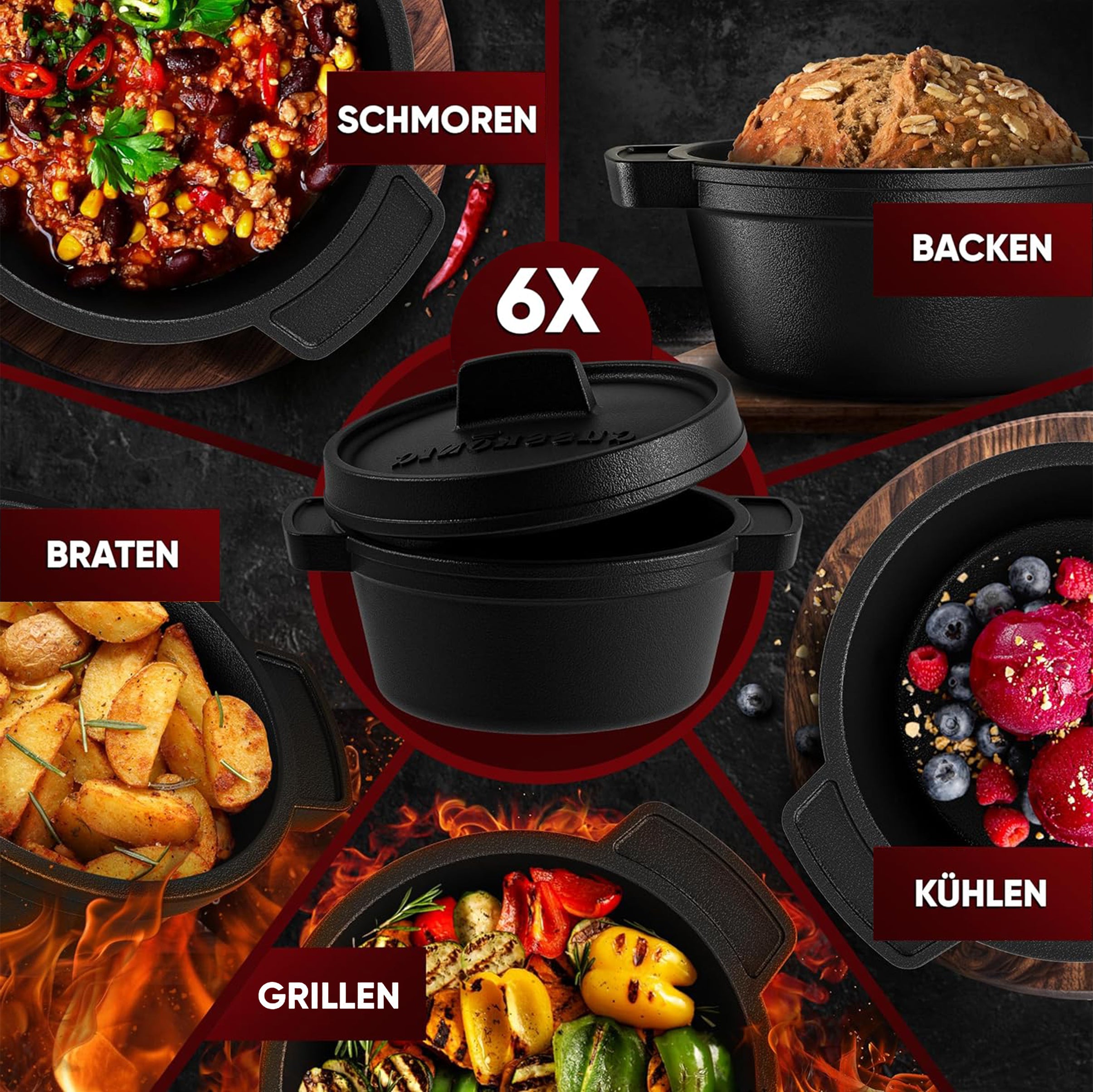 Eingebrannter 6× 300ml Mini Dutch Oven Set – inkl. Pflegepaste + Rezeptbuch + Gebrauchsanweisung