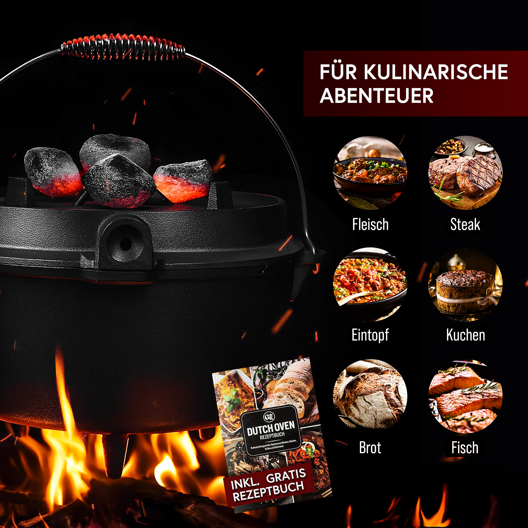 9 L ohne Füße Eingebrannter Dutch Oven Set – inkl. 2in1 Deckelheber + Untersetzer + Bürste + Pflegepaste + Rezeptbuch + Gebrauchsanweisung  – Schmortopf Doppelfunktion