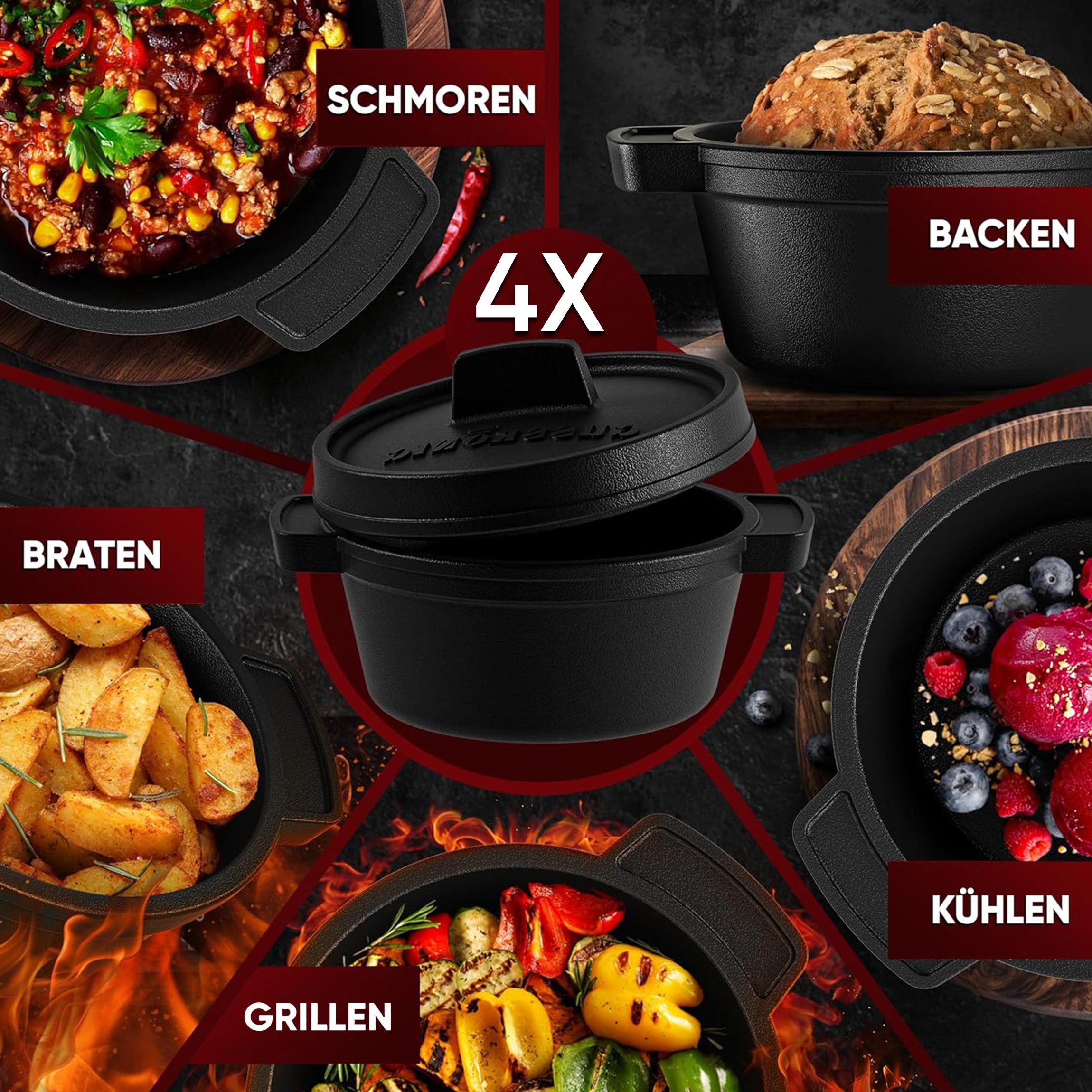 Eingebrannter 4× 300ml Mini Dutch Oven Set mit Holz-Untersetzer – inkl. Pflegepaste + Rezeptbuch + Gebrauchsanweisung