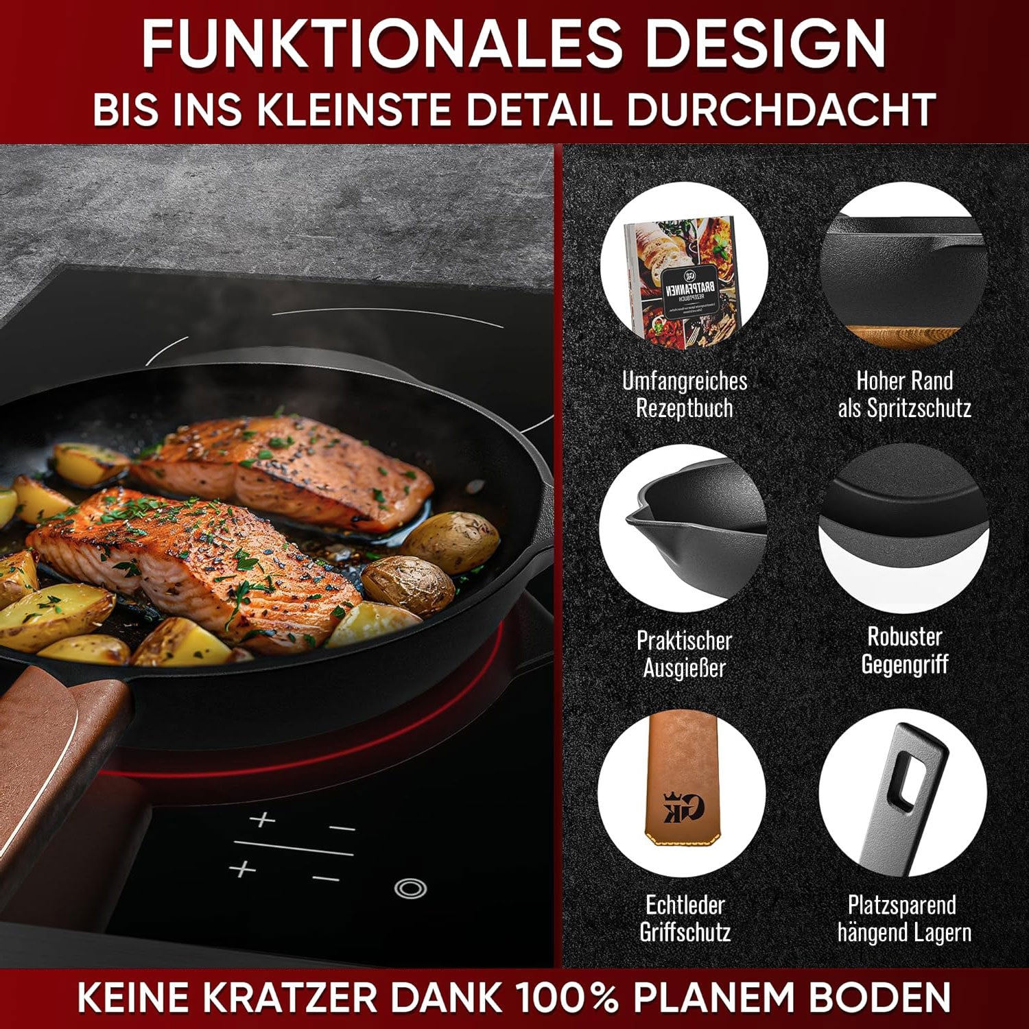 Eingebrannter Holz-Set 9-teilig – Dutch oven in Holzbox mit Bratpfanne + robustem Saucentopf + Untersetzer + 2in1 Deckelheber – inkl. Echtleder + Griffschutz +  Pflegepaste + Rezeptbuch + Gebrauchsanweisung