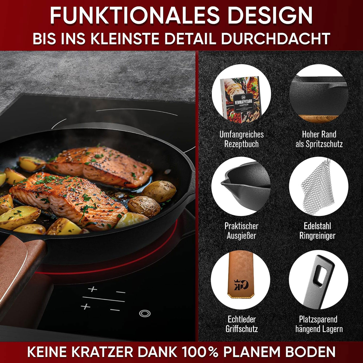 Eingebrannter Holz-Set 11-teilig – Dutch Oven in Holzbox mit Bratpfanne + robustem Saucentopf + Grillplatte + Untersetzer + 2in1 Deckelheber + Ringreiniger + Griffschutz – inkl. Pflegepaste + Rezeptbuch + Gebrauchsanweisung