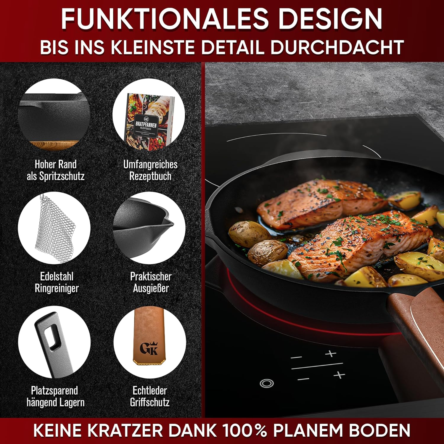 Eingebrannter Holz-Set 14-teilig – Dutch Oven in Holzbox mit Bratpfanne + robustem Saucentopf + Grillplatte + 2 Stk Mini Dutch Oven + Untersetzer + 2in1 Deckelheber + Ringreiniger + Stapelrost + Griffschutz – inkl. Pflegepaste + Rezeptbuch