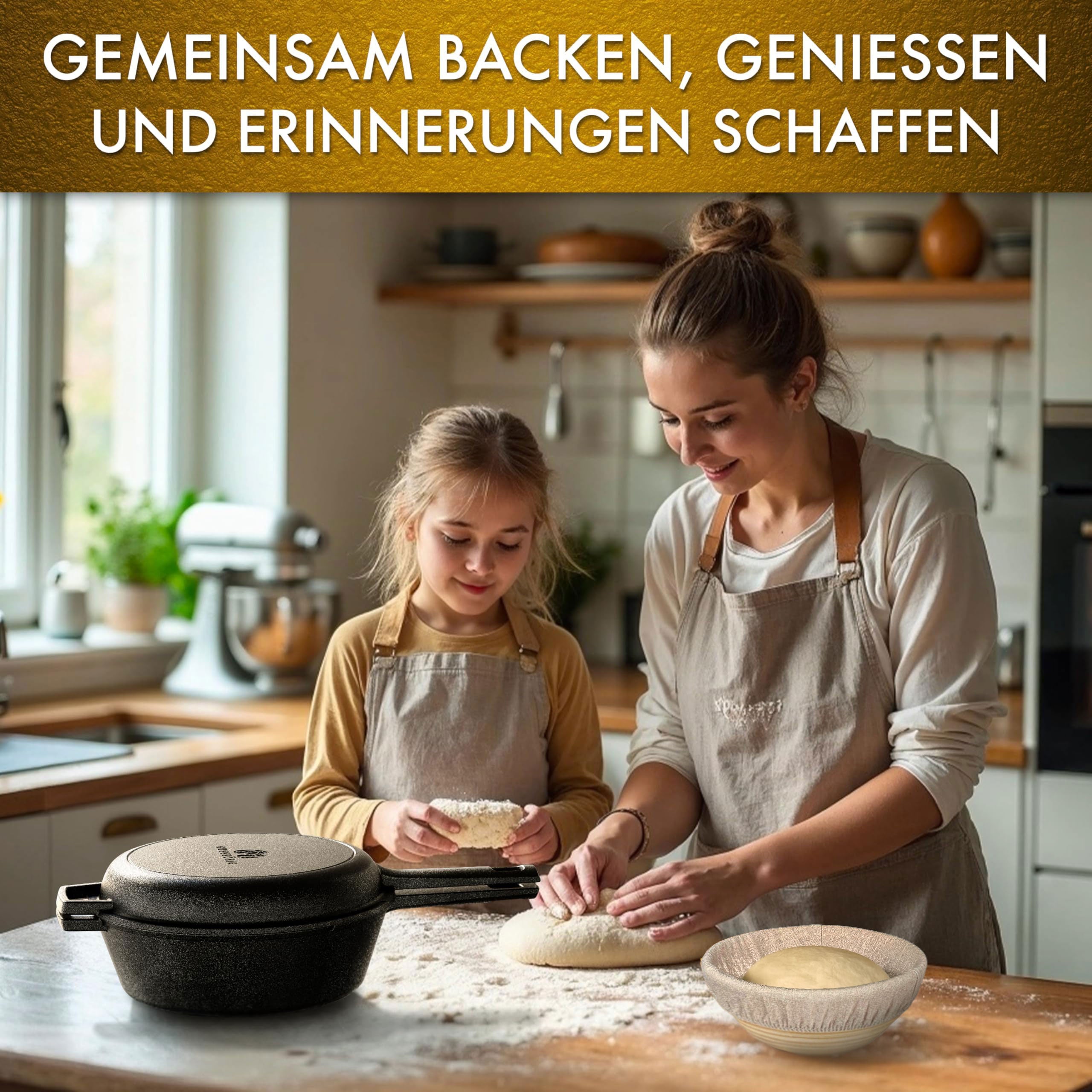 Eingebrannter Gusseisen 4,8L Topf & 1,8L Pfanne zum Brotbacken mit Deckel – inkl. Gärkörbchen + Echtleder-Griffe + Pflegepaste +  Rezeptbuch + Gebrauchsanweisung