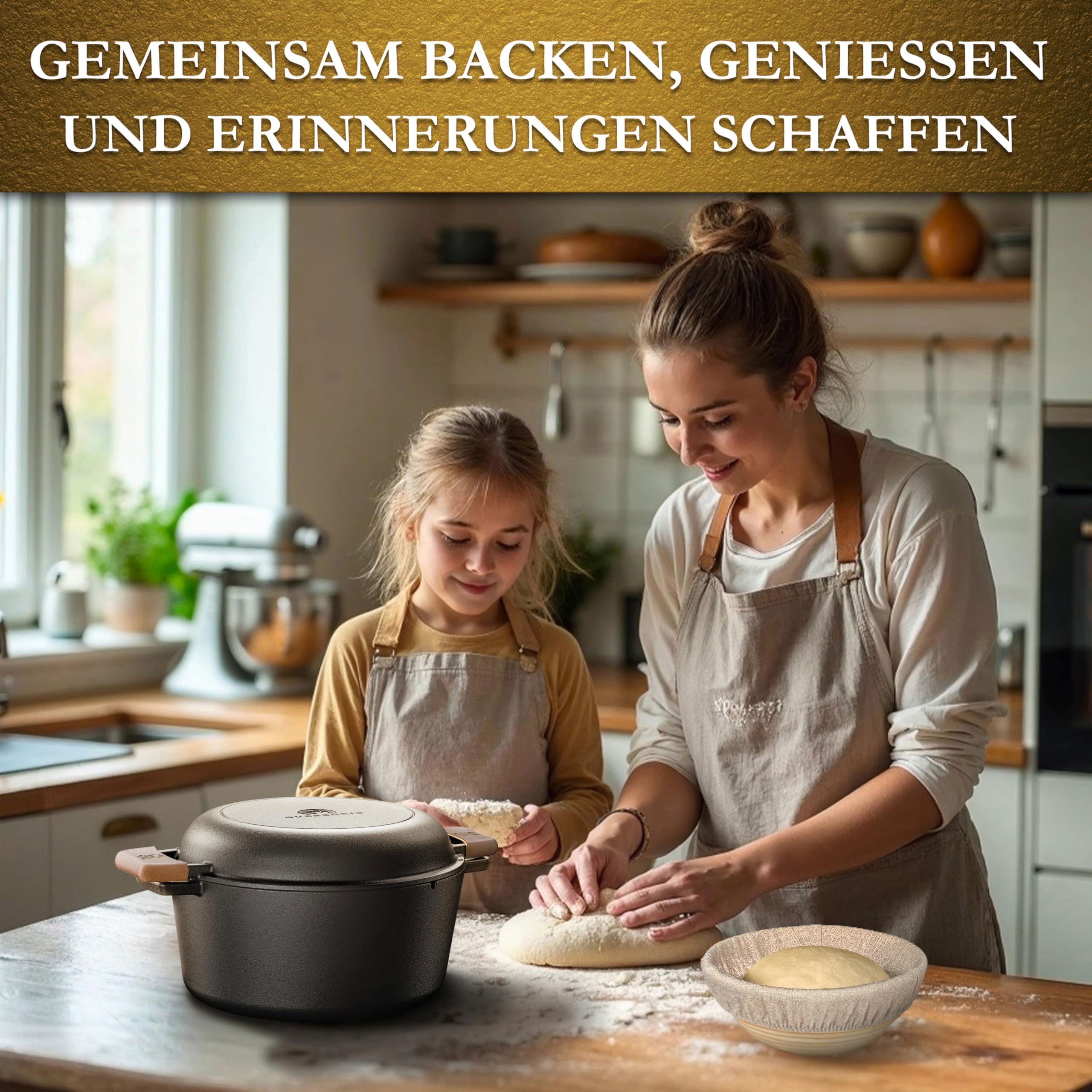 Eingebrannter Gusseisen 4,8L Topf & 1,8L Pfanne zum Brotbacken mit Deckel – inkl. Gärkörbchen + Echtleder-Griffe + Pflegepaste +  Rezeptbuch + Gebrauchsanweisung