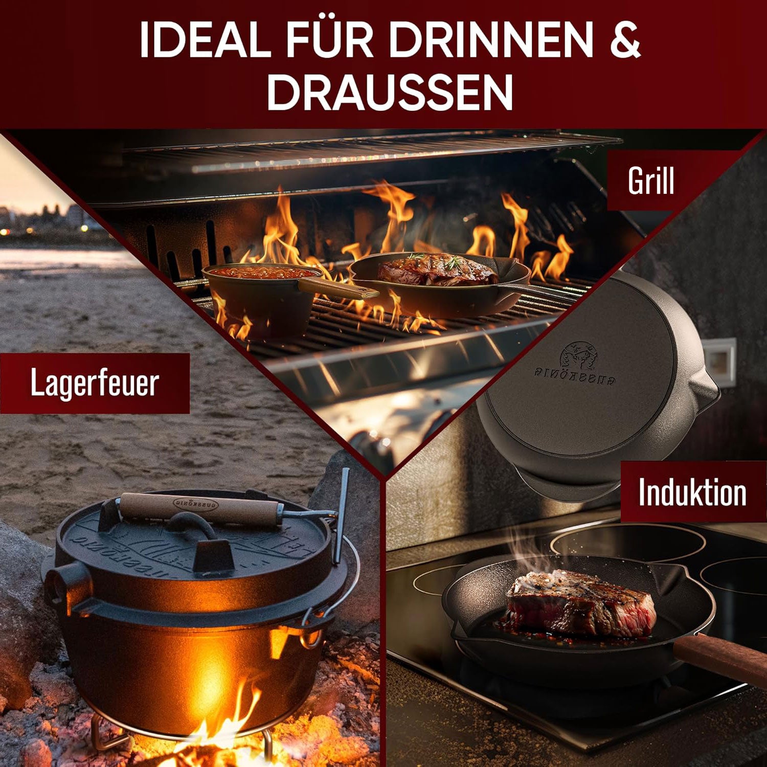 Eingebrannter Holz-Set 14-teilig – Dutch Oven in Holzbox mit Bratpfanne + robustem Saucentopf + Grillplatte + 2 Stk Mini Dutch Oven + Untersetzer + 2in1 Deckelheber + Ringreiniger + Stapelrost + Griffschutz – inkl. Pflegepaste + Rezeptbuch