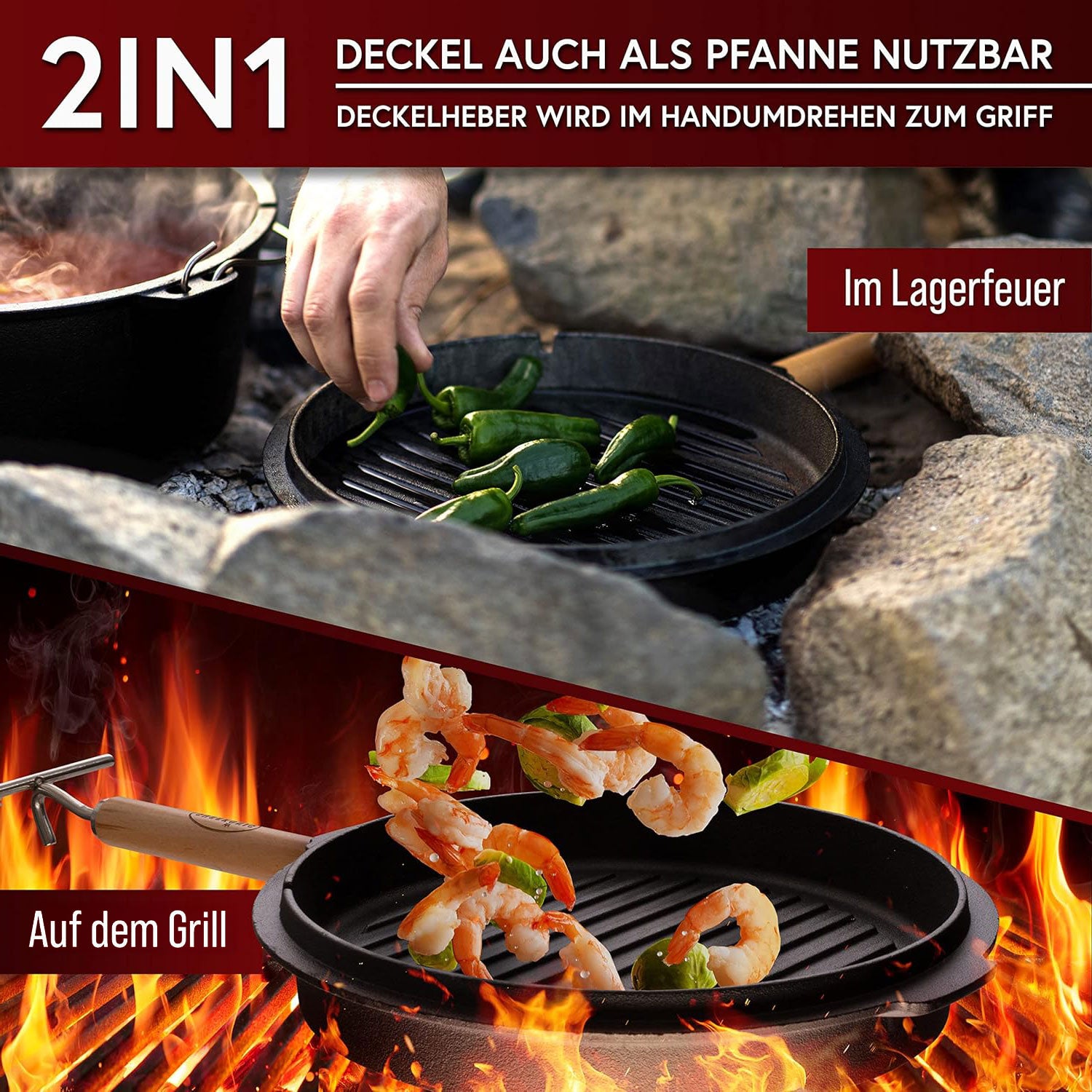 Eingebrannter Holz-Set 9-teilig – Dutch oven in Holzbox mit Bratpfanne + robustem Saucentopf + Untersetzer + 2in1 Deckelheber – inkl. Echtleder + Griffschutz +  Pflegepaste + Rezeptbuch + Gebrauchsanweisung