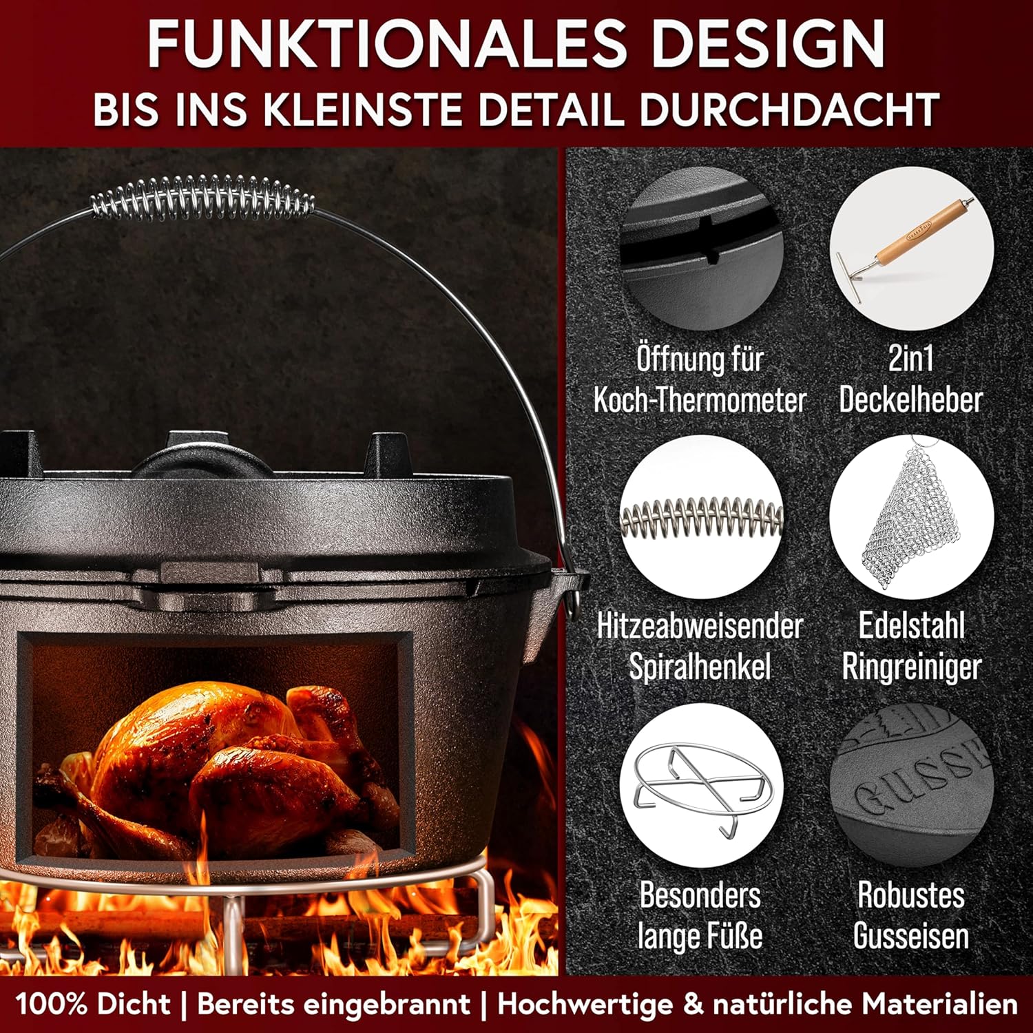 Eingebrannter Holz-Set 14-teilig – Dutch Oven in Holzbox mit Bratpfanne + robustem Saucentopf + Grillplatte + 2 Stk Mini Dutch Oven + Untersetzer + 2in1 Deckelheber + Ringreiniger + Stapelrost + Griffschutz – inkl. Pflegepaste + Rezeptbuch