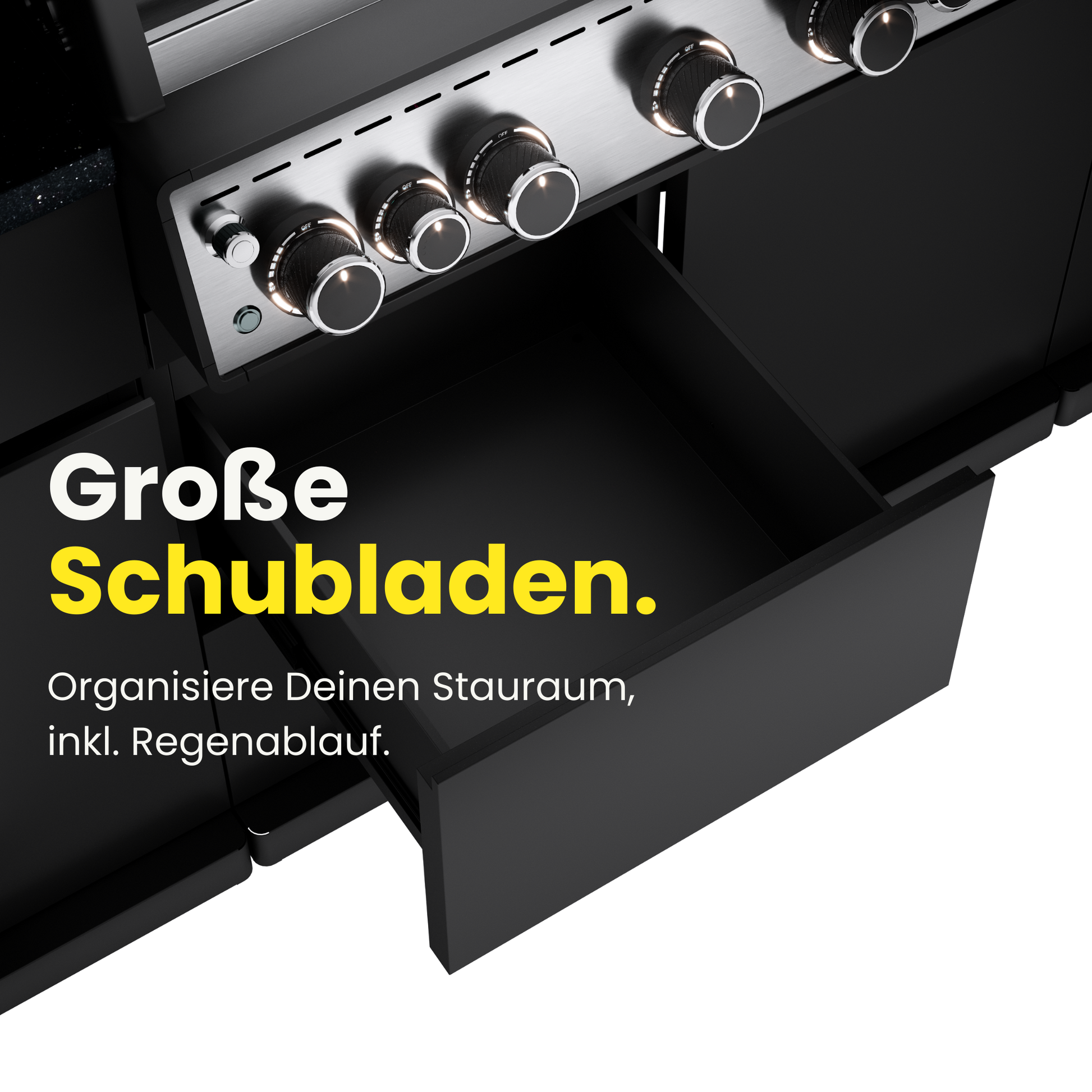 Große schwarze Schublade des outta Unterschranks, geöffnet zur Darstellung des Stauraums.

